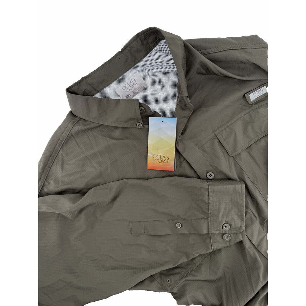 OCEAN COAST Mens XXLarge Army Green Performance Fishing Long Sleeve Button-Down